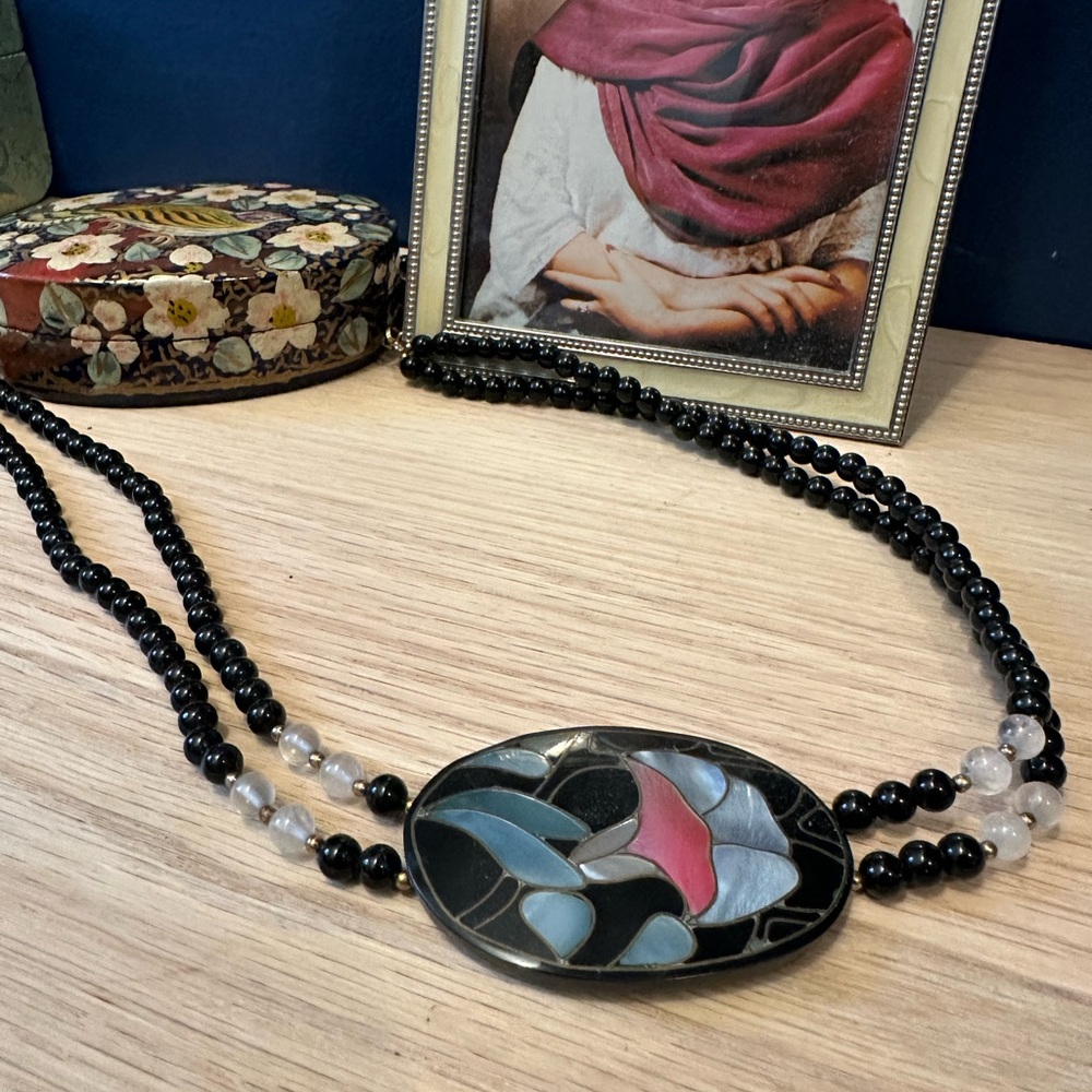 Vintage Inlaid Shell & Bead Statement Necklace – Signed
